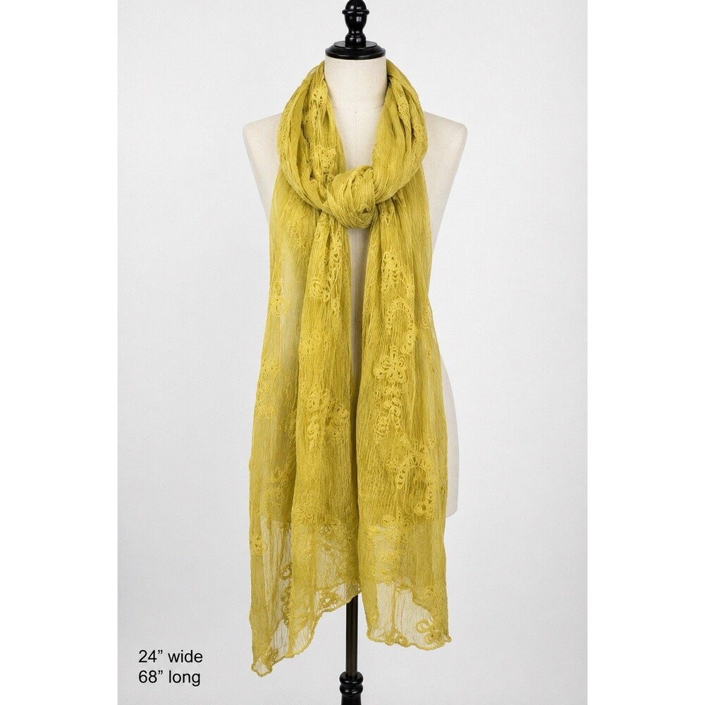 Vtg Hand Embroidered Crinkle Mustard Scarf / Warp Cottagecore Boho Y2K Style